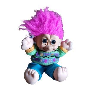 Vintage Russ Troll Doll Pink Hair‎ Colorful Sweater Collectible Retro 90s Toy